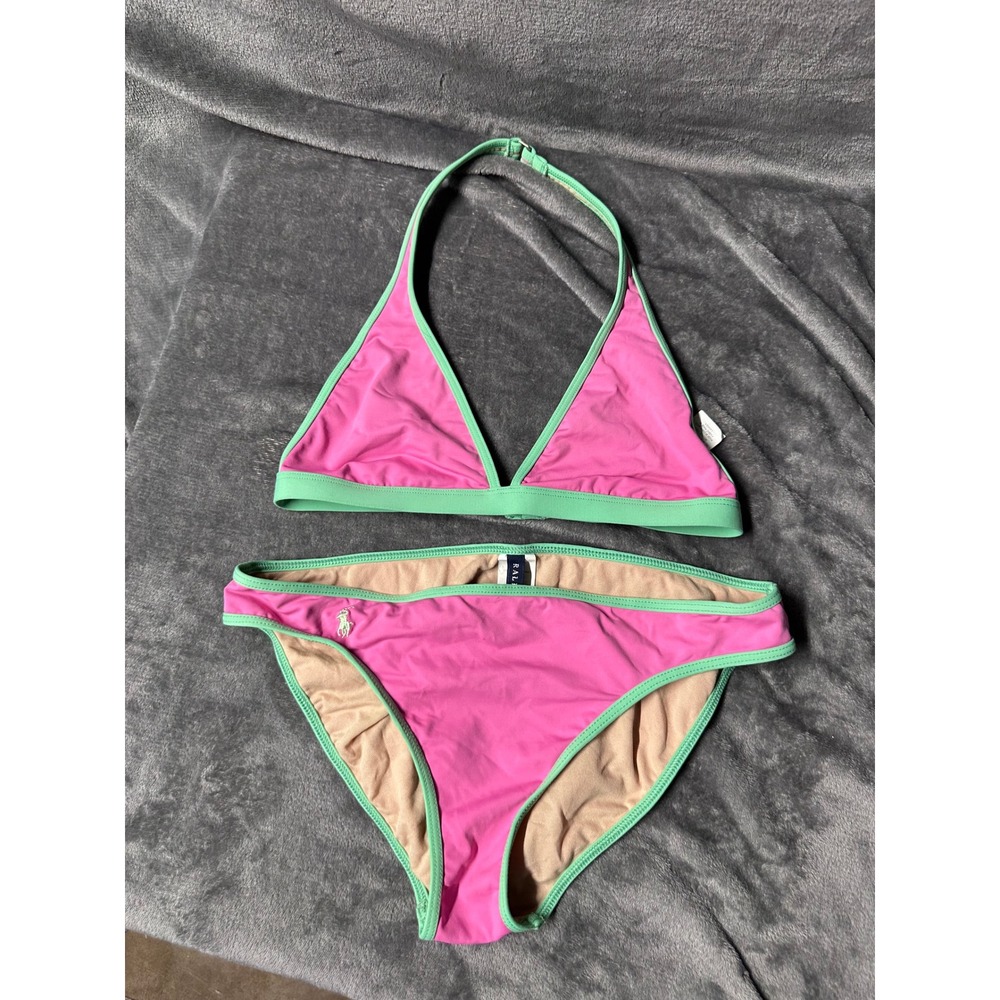 Y2K Ralph Lauren Bikini Set Women Size 10 14 Pink Green Triangle Halter Swimwear